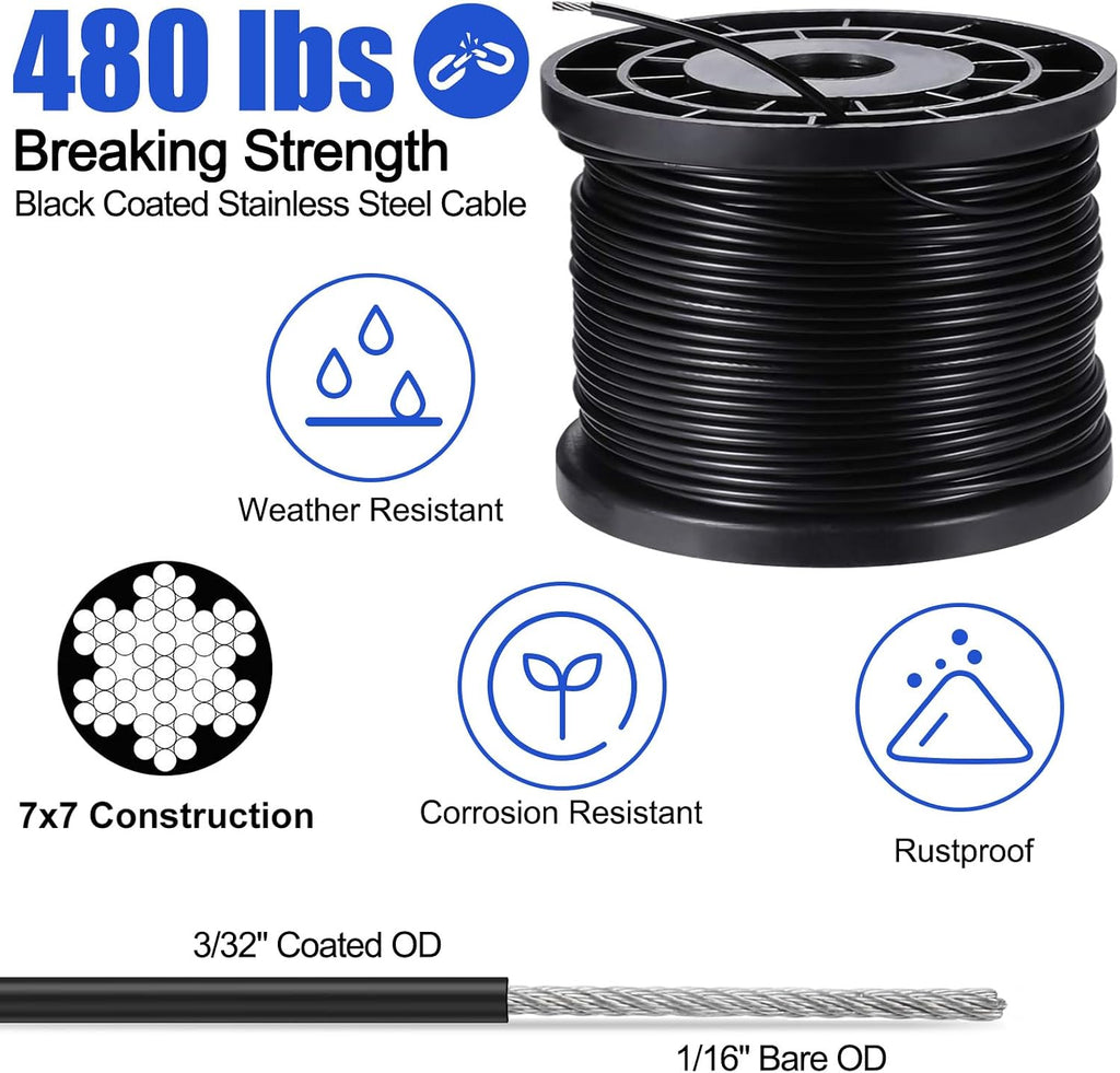 BLIKA String Light Hanging Kits, 300FT Coated Stainless Steel 304 Wire Rope | Outdoor Light Guide Wire, Globe String Light Suspension Kit Included Turnbuckles, Enough Accessories, Use Manual