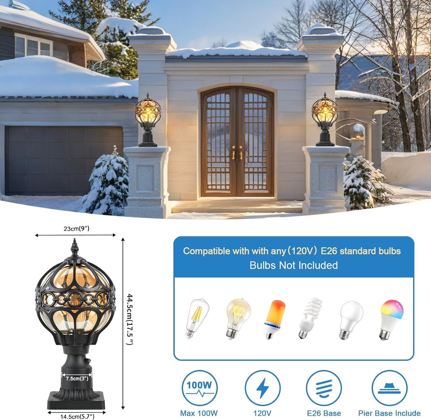 2 Pack Dusk to Dawn Outdoor Lamp Post Lights, 17.5'' Black Aluminum Rust-Proof Globe Post Lighting Fixture for Porch Driveway Garden, Exterior Hardwired Pillar Light with Standard 3" Base