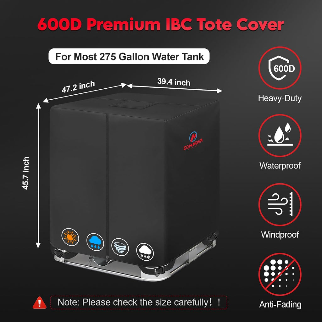 Comnova IBC Tote Cover 275 Gallon - 600D Water Tank Cover for IBC Container with Zipper, Heavy Duty & Waterproof Protective Covers Fit for Outdoor 1000L Garden Water Tank, All-Weather Protection