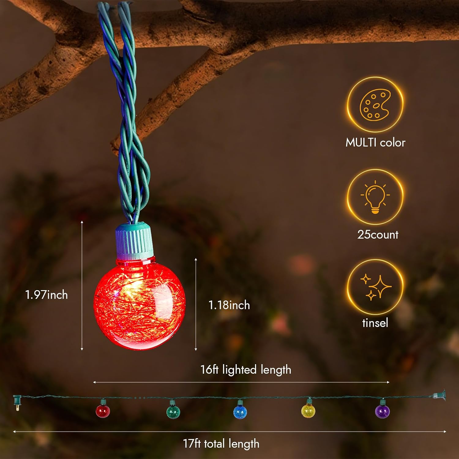 Waterproof Christmas G40 Globe String Lights 18FT 25 LED Plug in - Outdoor Colorful Patio Balcony Garden Hanging Decorations, Grinch Christmas Tree Lights for Porch, Camping & Party Use