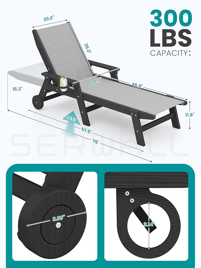 SERWALL Patio Chaise Lounge Chair, 5 Positions Outdoor Lounger for Pool, Textilene Lounge Chair with Rolling Wheels for Poolside, Deck, Black
