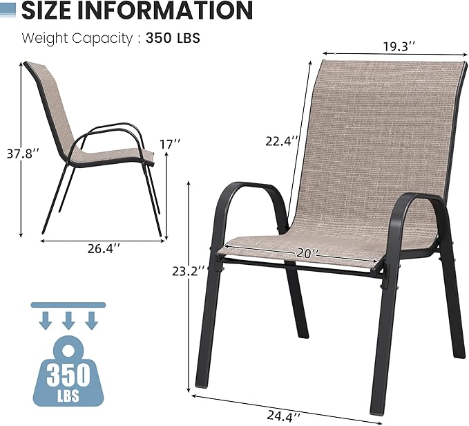 Patio Dining Chairs Set of 8, Outdoor High Stacking Chairs，Breathable Seat Fabric and Alloy Steel Frame for Backyard, Porch, Garden, Sunroom (Light Brown)