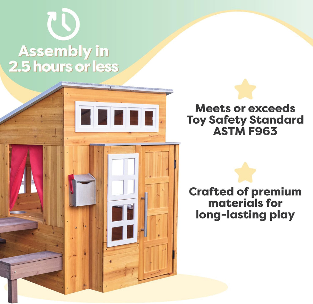 kidkraft modern outdoor wooden playhouse with picnic table on a desk or shelf