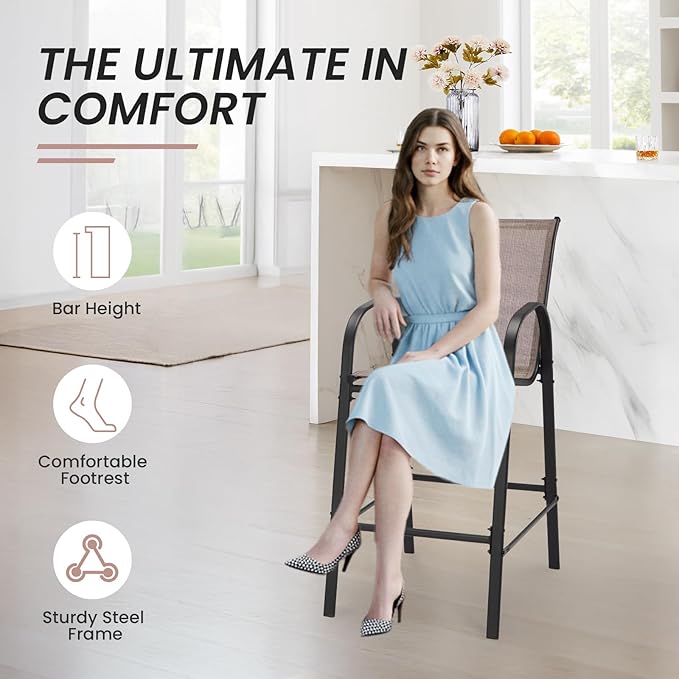 HOMREST Outdoor Bar Height Stools Set of 4,High Back Patio Chairs with Armrests,Textilene Chairs with Breathable Fabric & Metal Frame for All Weather,Taupe