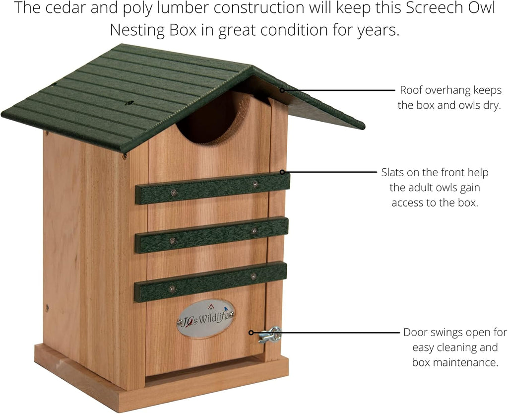 Screech Owl House Cedar Nesting Box with Poly Lumber Roof, Saw-Whet Owl Box for Outside, Drainage Ventilation, Easy Cleanout, Made in USA, Green