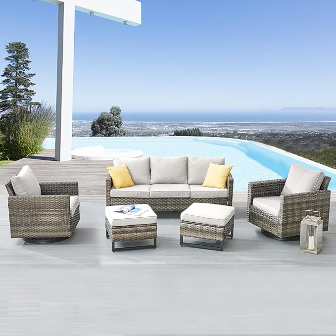 Belord Wicker Patio Furniture 5 Piece Outdoor Sofa Set, Oversize Outdoor Swivel Rocker Chairs with Rattan Ottomans, Conversation Sets Patio Furniture Come with Removable Washable Cushion Beige