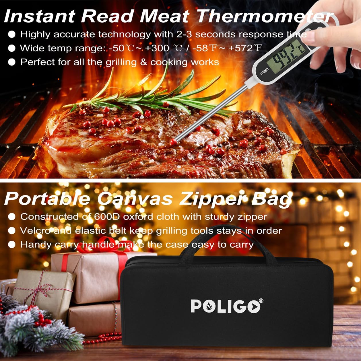POLIGO 29 PCS BBQ Grill Accessories Stainless Steel BBQ Tools Grilling Tools Set with Storage Bag for Fathers Day Dads Birthday Presents - Camping Grill Utensils Set Ideal Grilling Gifts for Men Brown