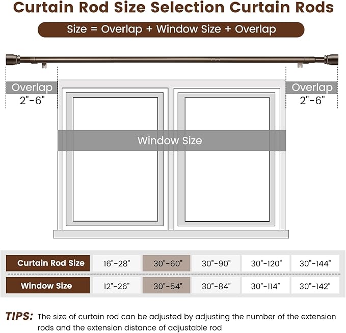 1” Diameter brown curtain rod Itself is 30 to 60 inch. 1 Pack Fits 30-54 inch Windows with Heavy Duty Adjustable brown curtain rods Splicing Metal Extra Long Curtain Rod