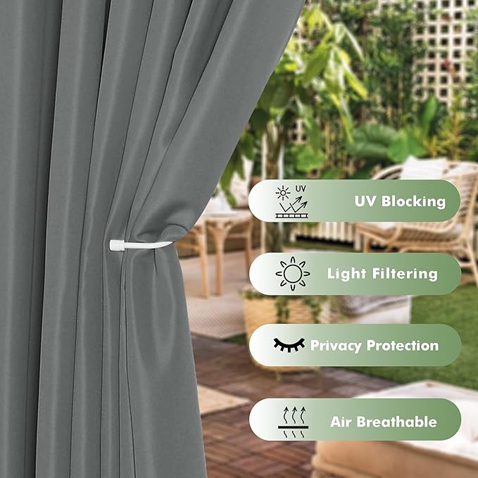 HolidayIdeas Outdoor Curtains for Patio Waterproof, 6 Panels - 54x95 Inches - Weatherproof Privacy Outsides Curtains for Cabana Porch Pergola, Sunlight & UV Blocking (Grey, Grommet Top)