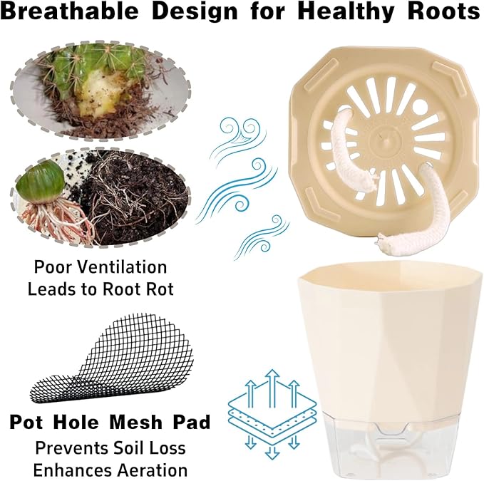 4 Packs Self Watering Plant Pots, Plastic Flower Pots with Drainage Hole and Saucer, Self Watering Planters for Indoor Outdoor Garden Plants, African Violet, Herbs (White, 5")
