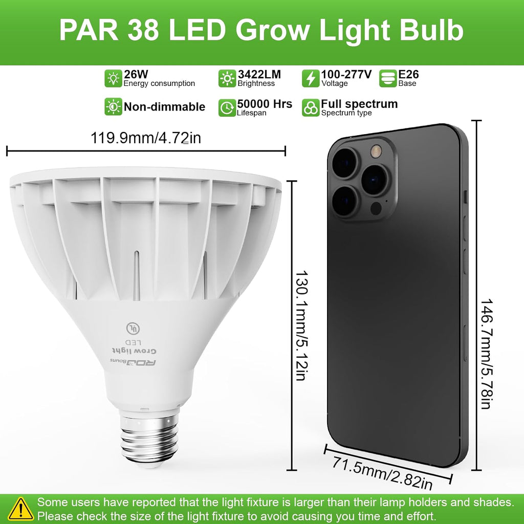 RDJ Bouns 26W LED Grow Light Bulb with Remote, PAR38, E26 Base | Dimmable, Full Spectrum Plant Bulb, Timer, Auto On/Off 4/8/12H, Natural White, For Indoor Plants, Succulents, Seeds