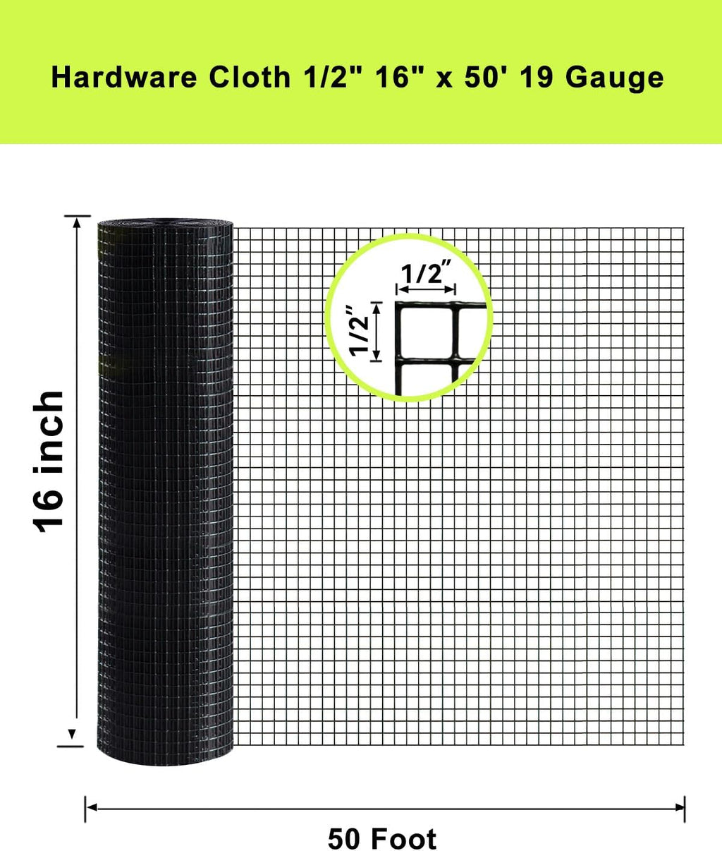 Black PVC Coated Welded Wire Mesh Roll 1/2inch 16"x50' 19 Gauge | Black Hardware Cloth, Heavy Duty Metal Mesh with Square Grid, Fencing Roll for Chicken Coop Barrier, Rabbit Cage, Snake Fence