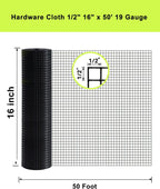 Black PVC Coated Welded Wire Mesh Roll 1/2inch 16"x50' 19 Gauge | Black Hardware Cloth, Heavy Duty Metal Mesh with Square Grid, Fencing Roll for Chicken Coop Barrier, Rabbit Cage, Snake Fence