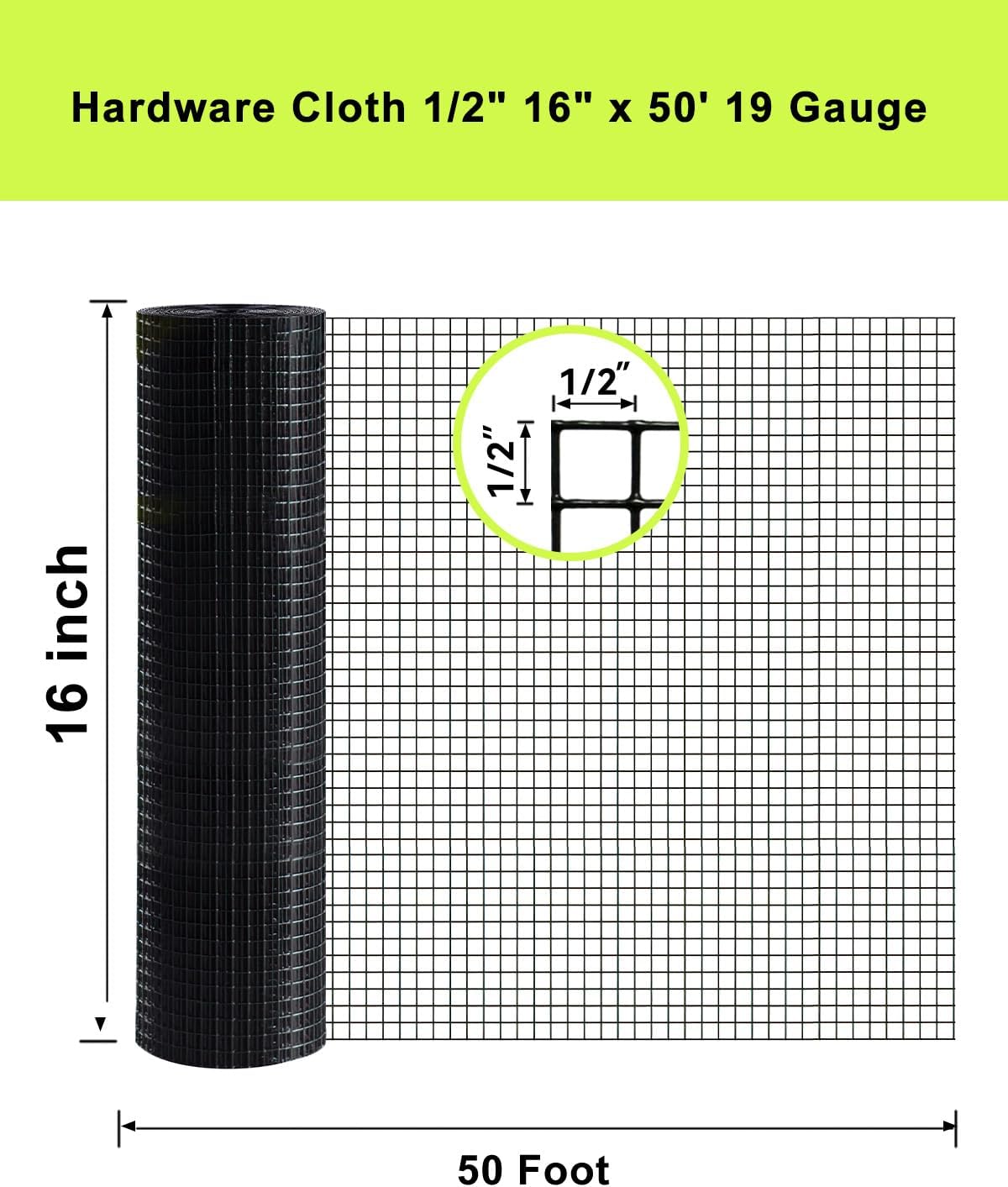 Black PVC Coated Welded Wire Mesh Roll 1/2inch 16"x50' 19 Gauge | Black Hardware Cloth, Heavy Duty Metal Mesh with Square Grid, Fencing Roll for Chicken Coop Barrier, Rabbit Cage, Snake Fence