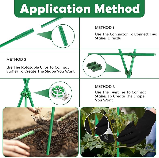 Cludoo 94PCS Garden Stakes Set with 30 Sets Fiberglass Plant Stakes Sticks Supports and Accessories, DIY 4ft 5ft 6ft 7ft Tomato Stakes for Tomato,Vegetables, Pepper, Indoor Outdoor Spring Plants