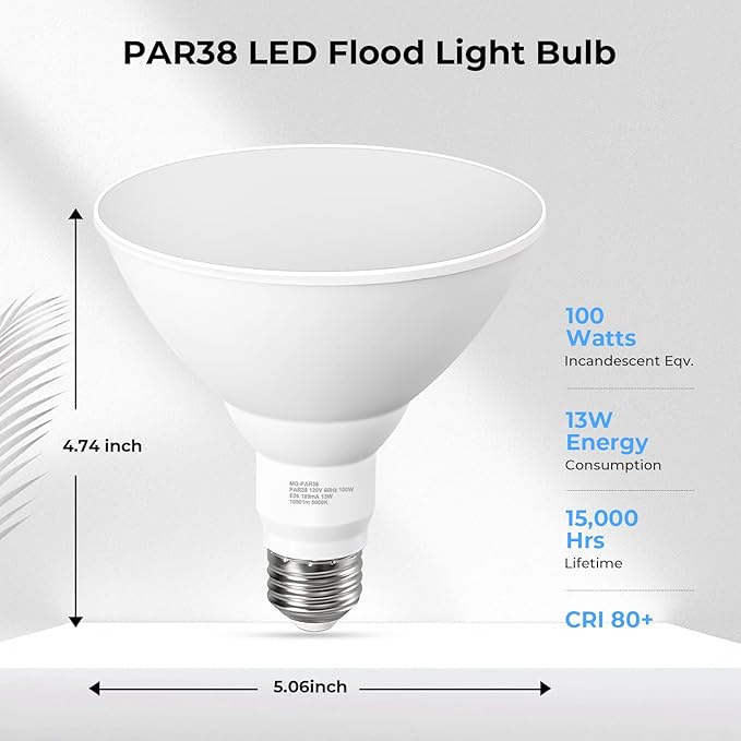 LED Flood Light Bulbs, PAR38 Outdoor Flood Light Bulb 5000K,13W 100W Equivalent, Daylight White LED Floodlight Dimmable, Waterproof for Porch Yard Garage, E26 Base, 15,000 Hrs, 6 Pack