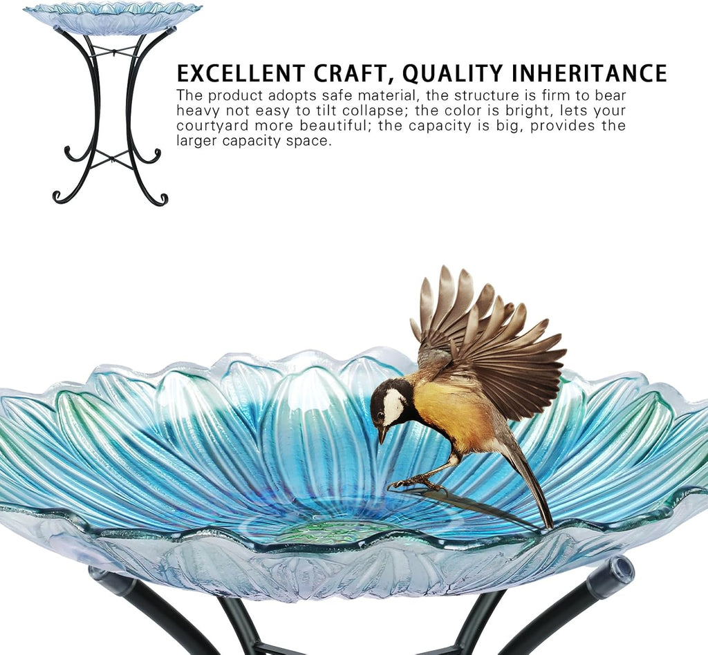 MUMTOP Outdoor Glass Bird Bath with Metal Stand for Yard Garden Decor, Blue | 18 Inch Diameter 21 Inch Height Outdoor Large Blue Flower Bird Baths Bowl for Backyard Lawn Garden Decoration