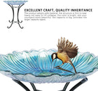 MUMTOP Outdoor Glass Bird Bath with Metal Stand for Yard Garden Decor, Blue | 18 Inch Diameter 21 Inch Height Outdoor Large Blue Flower Bird Baths Bowl for Backyard Lawn Garden Decoration