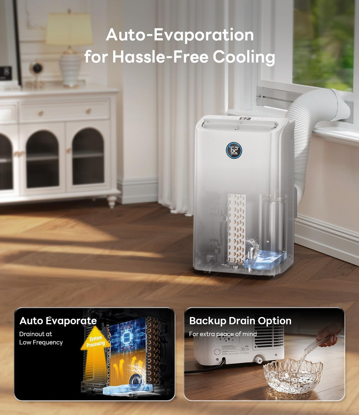 14,000 btu smart wifi portable air conditioner, cools, side view