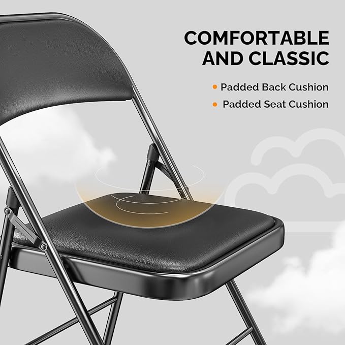 VINGLI 10 Pack Folding Chairs with Padded Seats, Metal Frame with Pu Leather Seat & Back, Capacity 350 lbs, Black