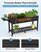 YEFU Raised Garden Bed with Legs: 57x18x30in Weight Capacity 400lb - Waterproof Raised Planter Box with Wheels - Elevated Garden Bed with Storage Shelf - Weather Resistant - for Deck/Patio/Porch/Black