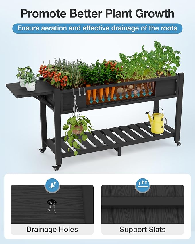 YEFU Raised Garden Bed with Legs: 57x18x30in Weight Capacity 400lb - Waterproof Raised Planter Box with Wheels - Elevated Garden Bed with Storage Shelf - Weather Resistant - for Deck/Patio/Porch/Black