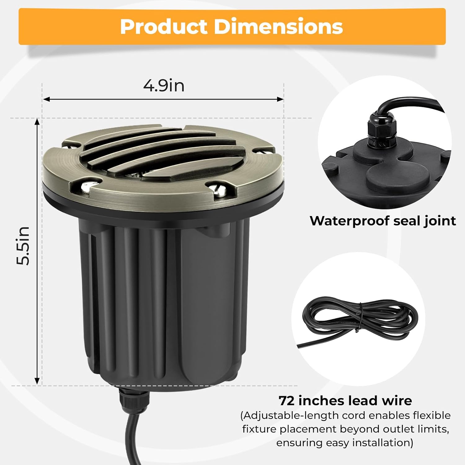 Brass Low Voltage Landscape Well Lights (5" Cover, 5.5" Tall), 12V LED Wired In-Ground Outdoor Up Lighting Fixture Waterproof, Adjustable Beam Direction Base, Without MR16 Bulb (4 Pack)