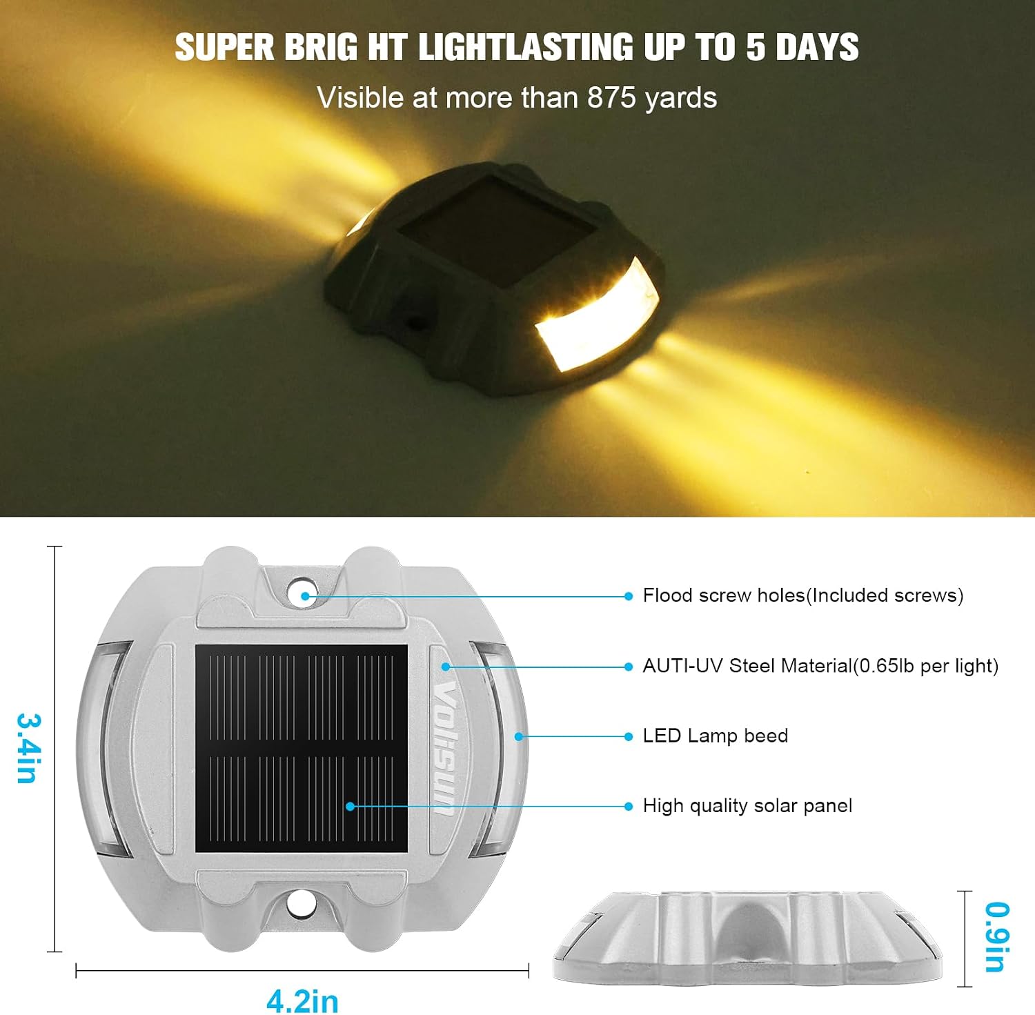 VOLISUN Solar Deck Driveway Dock Lights,Solar Pathway Lights,Warm 8 Pack | Solar Powered LED, IP68 Waterproof Led Outdoor Warning Step Marine Lights for Sidewalk Garden Yard