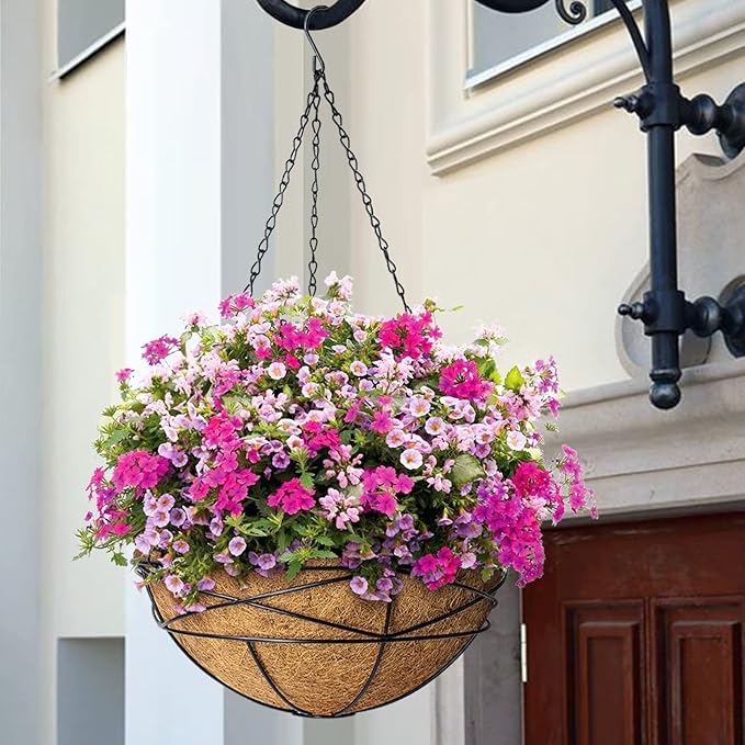 4 Pack 10 Inch Hanging Planters Metal Wire Flower Baskets with Natural Coconut Liners for Outdoor Plants Round Plant Holder Planter for Garden Decor