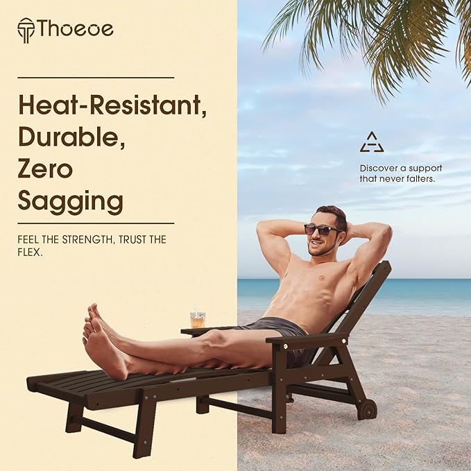 Patio Chaise Lounge Chair, Oversized Lounge Chair Outdoor with 5 Positions, HDPE, Patio Lounge Chair with Wheels & Cup Holder for Pool, Deck, Poolside,Brown