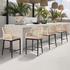 VINGLI Outdoor Counter Height Bar Stools Set of 4, Rattan Outdoor Barstools Boho Woven Patio Bar Stools with Backrest, Aluminum Frame Patio Garden Balcony Pool Bar Chair (4 PCS)
