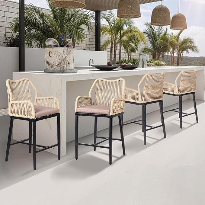 VINGLI Outdoor Counter Height Bar Stools Set of 4, Rattan Outdoor Barstools Boho Woven Patio Bar Stools with Backrest, Aluminum Frame Patio Garden Balcony Pool Bar Chair (4 PCS)