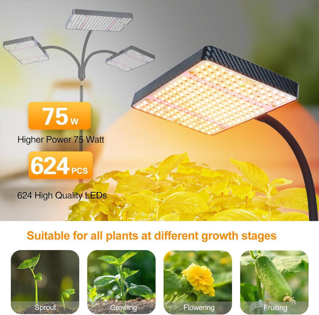 FECiDA Tall Grow Light with Stand for Big and Large Houseplant, Bonsai Tree | 75 Watt, 3x Coverage, 3x Brightness, Better Growth, UV-IR Full Spectrum, 5-Mode Timer 4/8/12/16/20H, 24"-72" Ht Adjustable