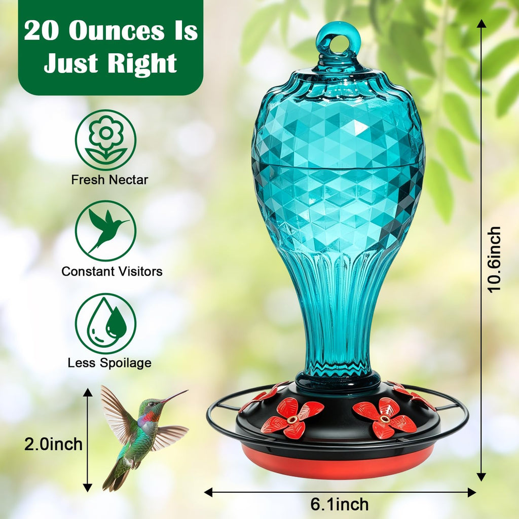 Blown Glass Hummingbird Feeder, Blue, 20 oz | Hand-blown glass hummingbird feeder for outdoor hanging, hot air balloon design, leak-proof seal, ant moat, garden decor