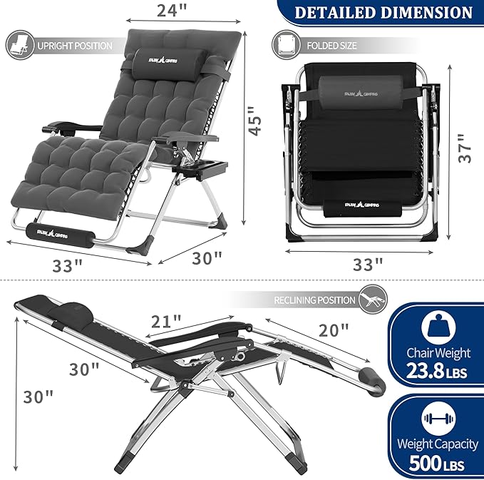 UDPATIO Oversized Zero Gravity Chair, 33In XXL Patio Reclining Chair with Cushion, Outdoor Folding Recliner with Pillows|Cup Holder|Foot Rest|Padded Headrest, Burgundy, Support 500LB