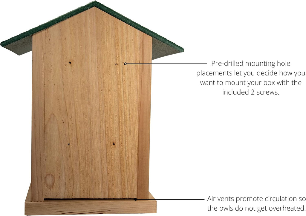 Screech Owl House Cedar Nesting Box with Poly Lumber Roof, Saw-Whet Owl Box for Outside, Drainage Ventilation, Easy Cleanout, Made in USA, Green