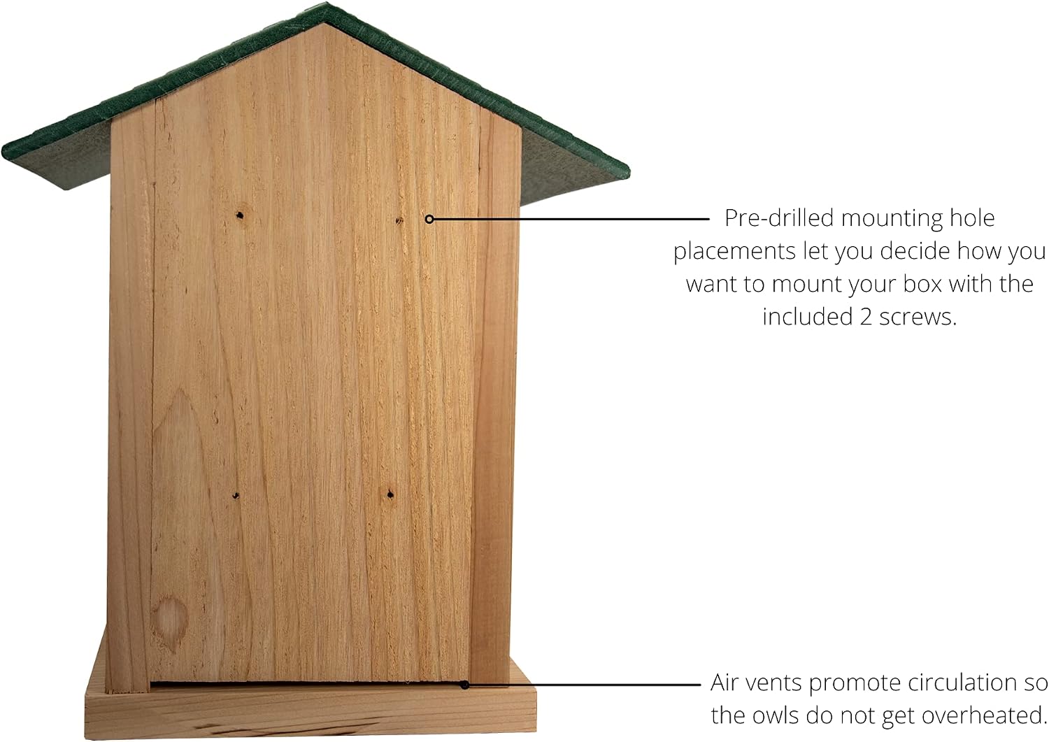 Screech Owl House Cedar Nesting Box with Poly Lumber Roof, Saw-Whet Owl Box for Outside, Drainage Ventilation, Easy Cleanout, Made in USA, Green