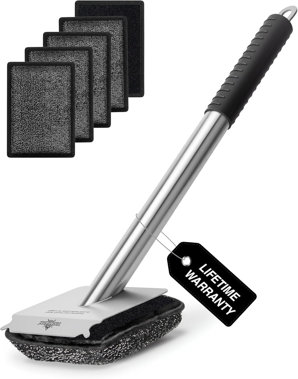 Bristle-Free Steam Grill Brush with 5 Replacement Pads – No Bristle Shedding. Unique Steel Fibers Pads Efficiently Deep Clean All Kinds of Grills. A Safe Outdoor Grill Cleaner. Gift for Men/Dad.