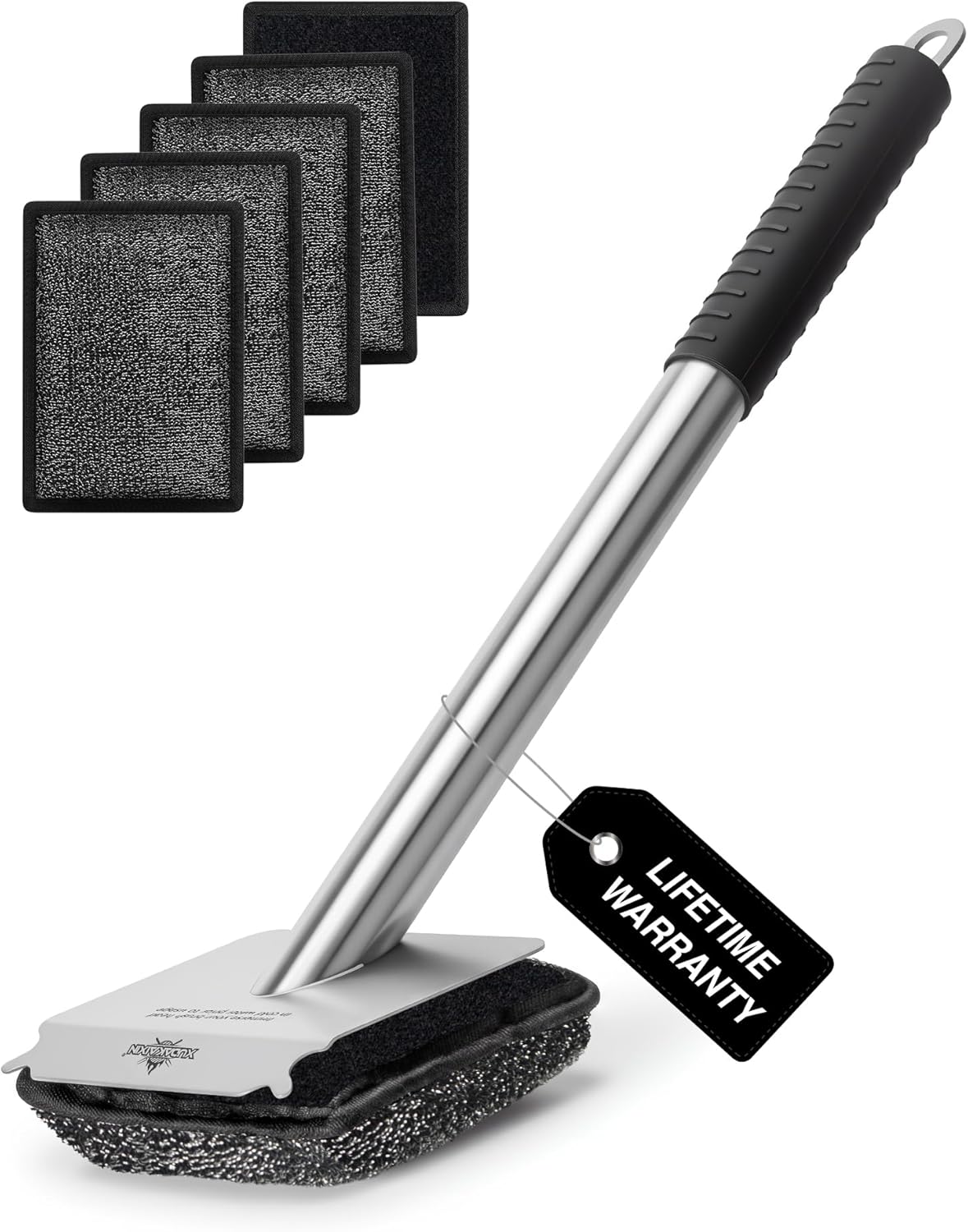 Bristle-Free Steam Grill Brush with 5 Replacement Pads – No Bristle Shedding. Unique Steel Fibers Pads Efficiently Deep Clean All Kinds of Grills. A Safe Outdoor Grill Cleaner. Gift for Men/Dad.