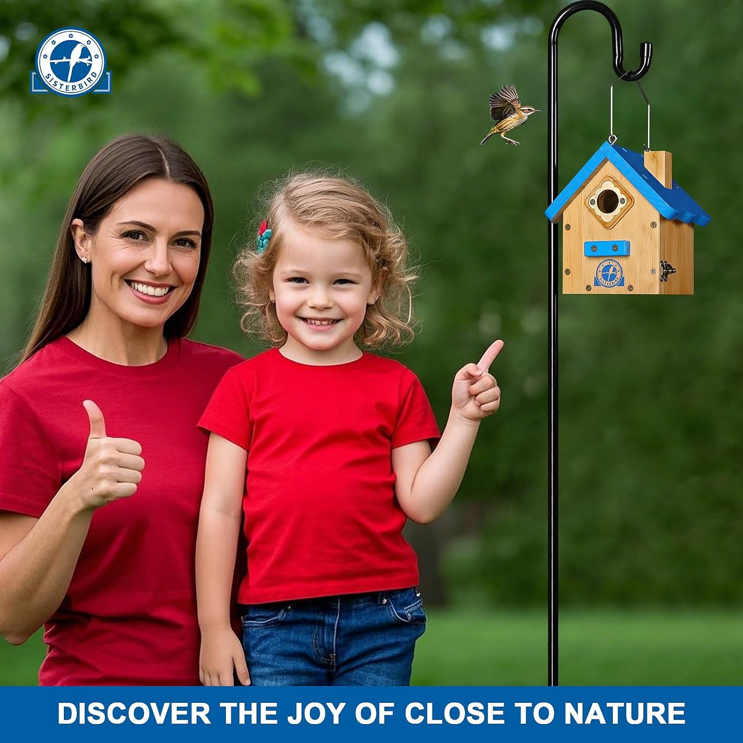 SISTERBIRD Birdhouses for Outdoors, Blue Hanging Wren House, Warming Gifts | Premium Wooden Bird Houses for Outside, Classic Cabin Design Wooden Bird House Red-Breasted Nuthatch Wren Chickadee