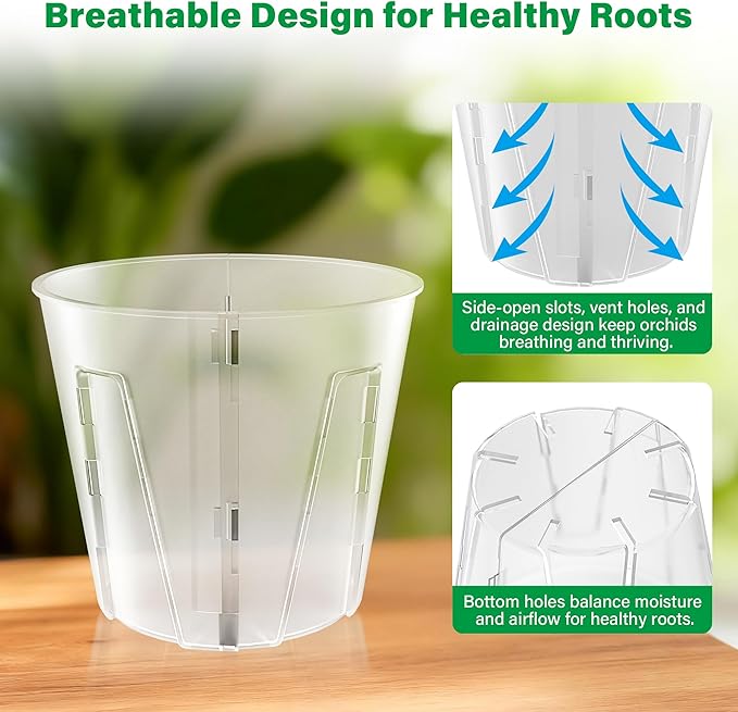 5 Inch Side-Open Orchid Pots 12 Pack, Clear Plastic Nursery Planters with Detachable Side Walls for Easy Repotting, Breathable Slotted Flower Pots with Drainage for Root Health
