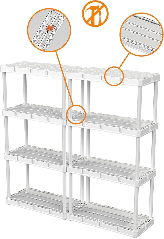 Gracious Living 2 Pack Light Duty Storage Shelves, Knect-A-Shelf 4-Shelf Ventilated Shelving Rack Organizer for Home, Garage, Basement & Laundry, White