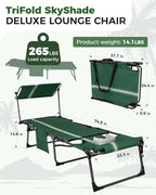 KingCamp Tanning Chair with Face Hole, Lounge Chairs Outdoor Folding Comfy Adjustable 5-Position Foldable Chaise Chaser with Canopy Shade for Outside Beach Patio Sun Bathing Pool, Green/White