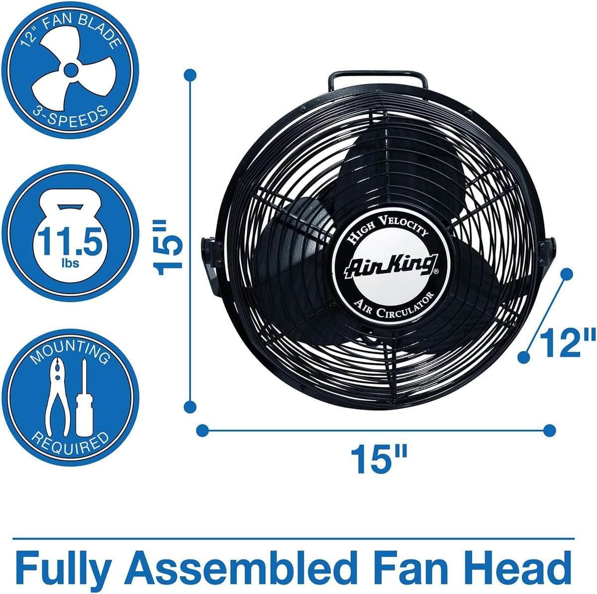 air king 9312 powder-coated steel multi-mount wall fan, side view