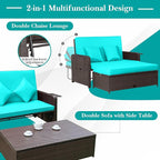 Tangkula Patio Rattan Daybed with 4-Level Adjustable Backrest, Outdoor PE Wicker Loveseat with Storage Ottoman & Folding Side Tray, Double Sunbed Lounger for Balcony, Backyard & Poolside, Turquoise