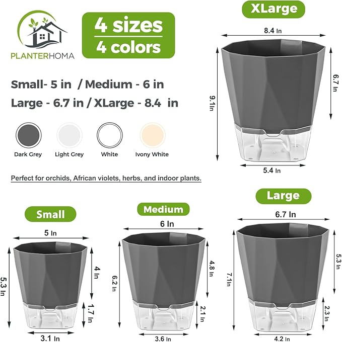 6 Pack Self Watering Plant Pots 8.4" Self Watering Planters for Indoor and Outdoor Plants African Violet Self Watering Clear Pots for Plants Large Herb Orchid Flower Houseplant Pots, Dark Grey