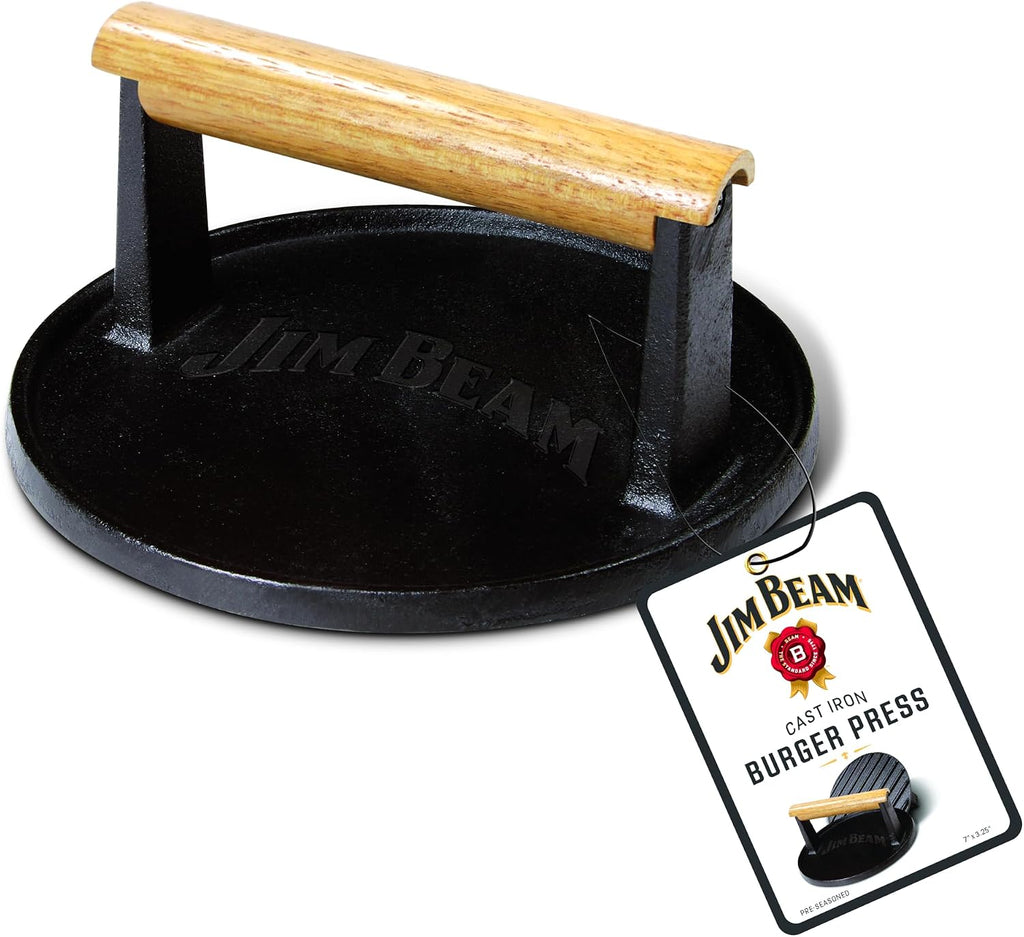 Jim Beam JB0158 Black Cast Iron Burger Press - 7'' Heavy Duty Burger Press with Solid Wood Handle