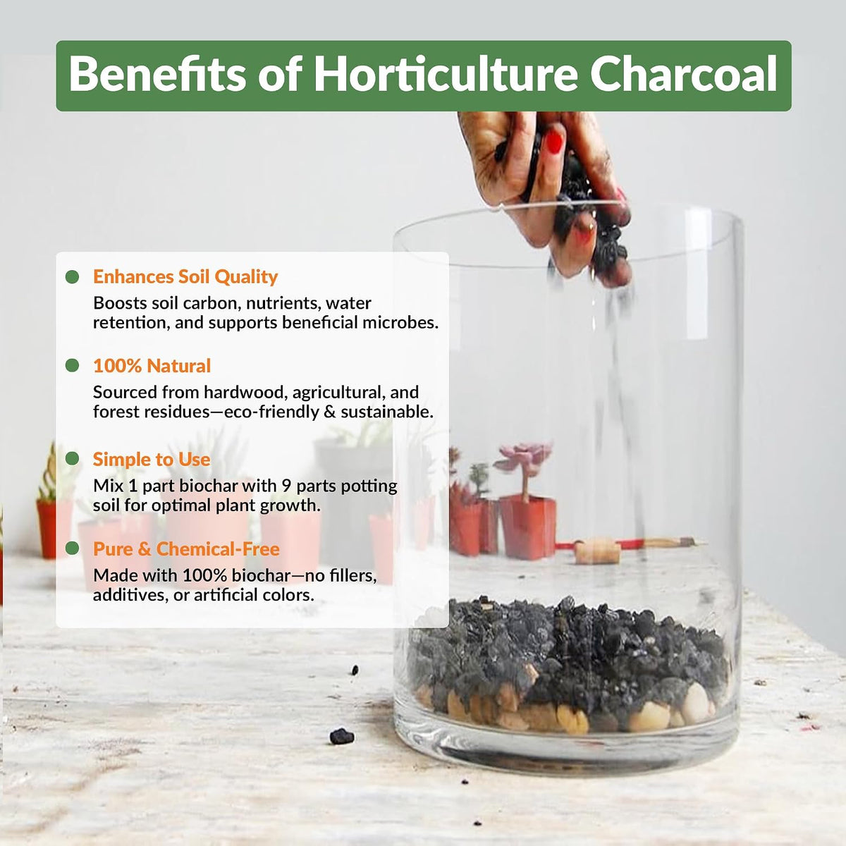 old potters premium horticultural charcoal chips, natural soil, close-up detail