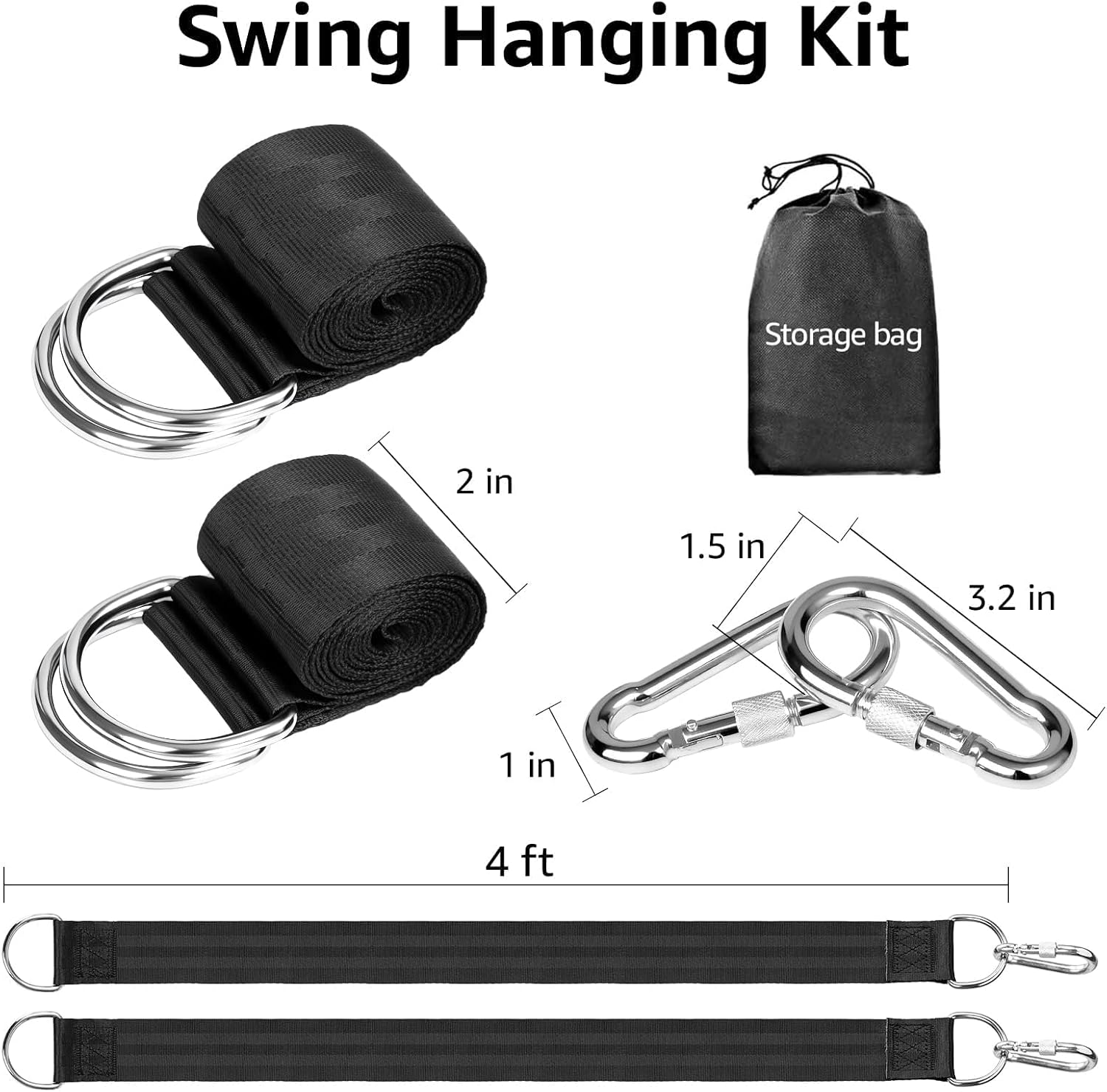 Tree Swing Hanging Straps Kit 4Ft, Robust, Reliable, and Flexible - Supports up to 2200 lbs - Effortless Setup with Sturdy Carabiners - Ideal for Hammocks, Swings, and Beyond (Black, 4FT)