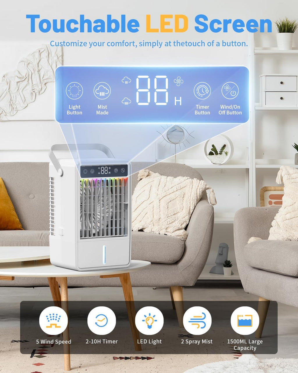 portable air conditioners, 4-in-1 evaporative air cooler, portable, close-up detail